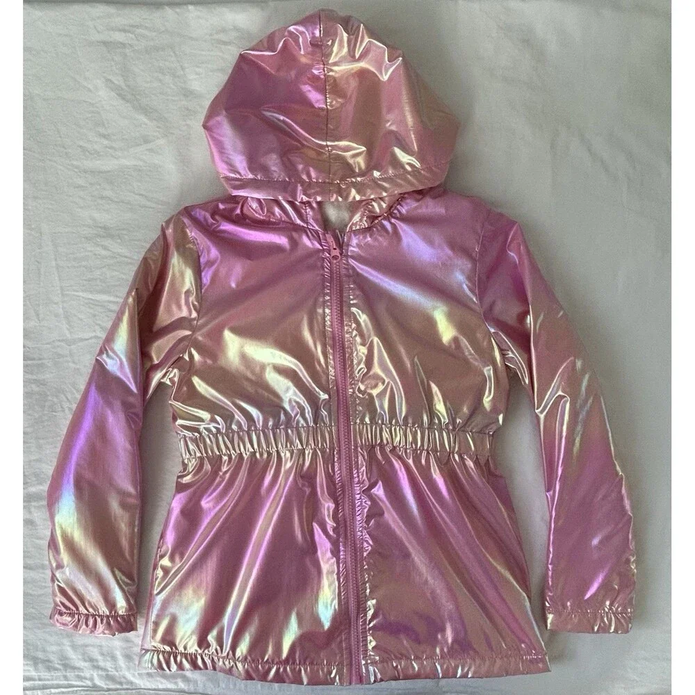 SHEIN Girls Shiny Pink Metallic Hooded Jacket, Size 10Y, Full Zip
